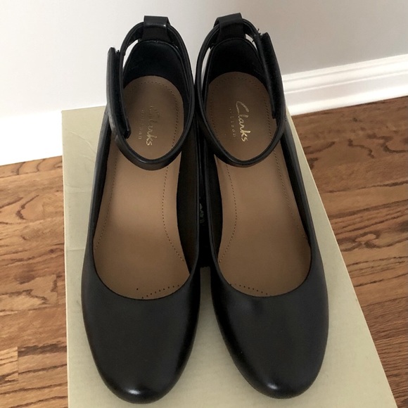 Clarks Shoes - Clarks Bassett Mist Black Leather Wedge Heel with Ankle Strap
